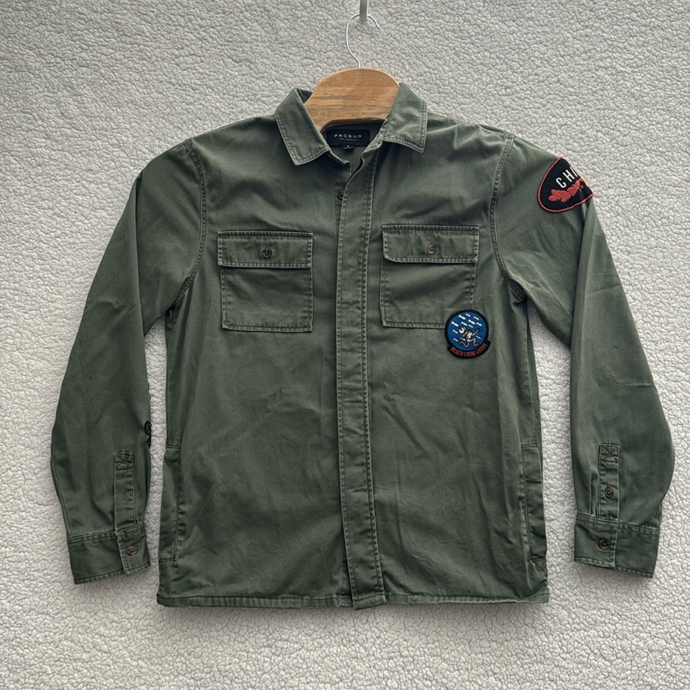 Pacsun Long Sleeve Military Army Green Patchwork Button Down Top
